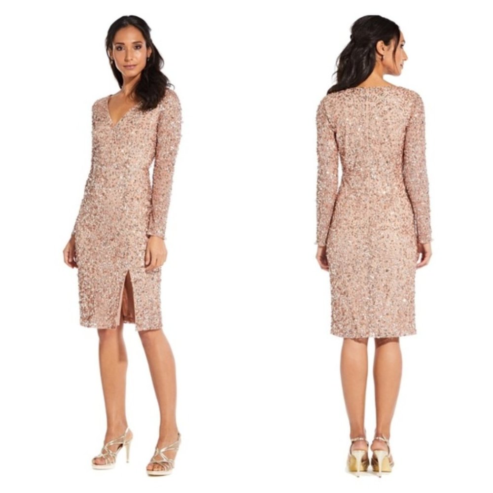 Sequin Beaded Cocktail Dress with Long Sleeves